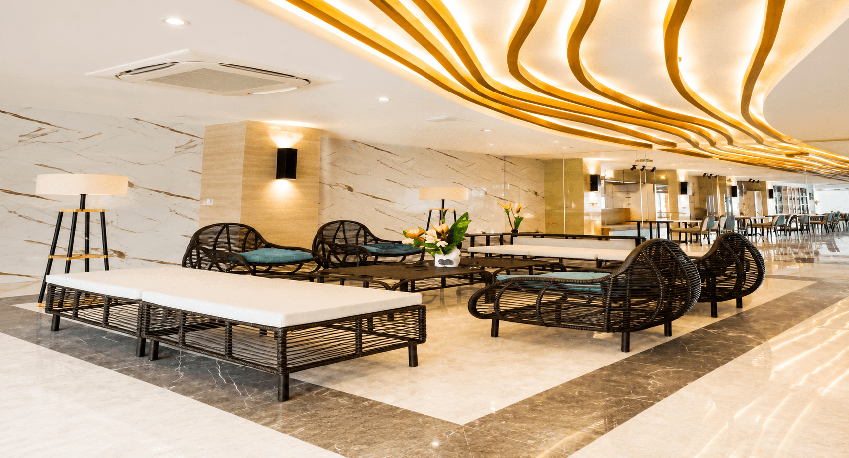 Hotel lobby cooled by an FMG full HVAC fit-out